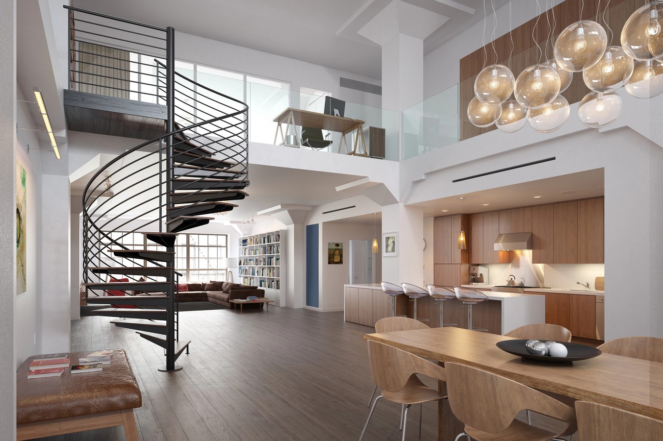 Black spiral staircase in an open-plan loft showing staircase landing configurations