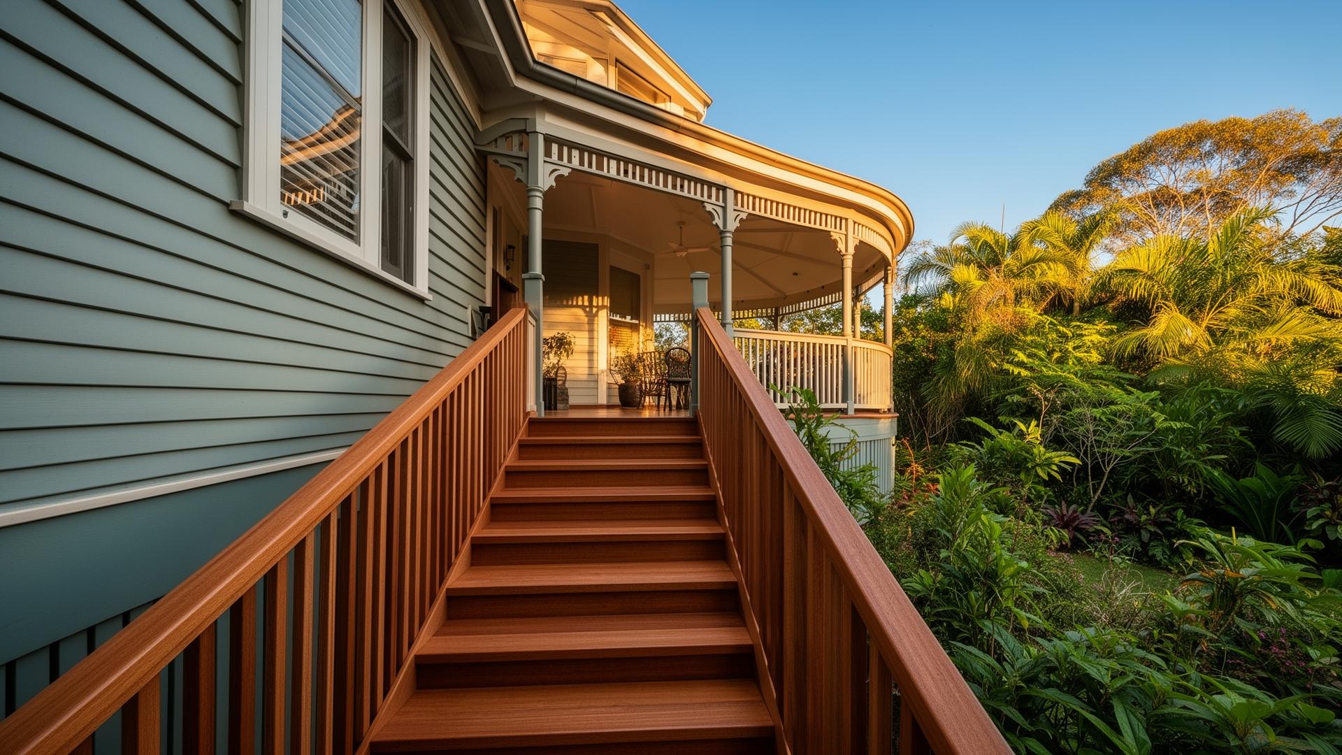 External Spotted Gum hardwood staircase on a Brisbane Queenslander home in afternoon light
