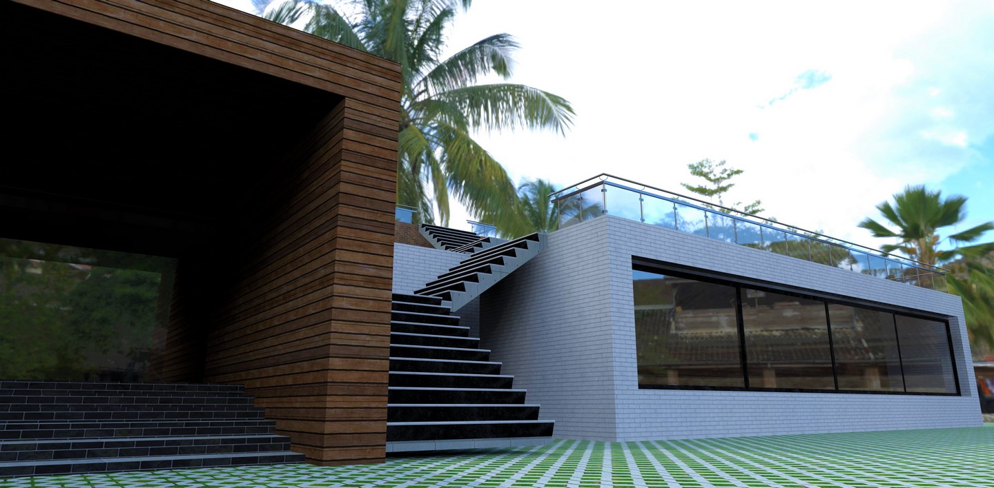Modern exterior stairs with glass balustrade on a contemporary Queensland home