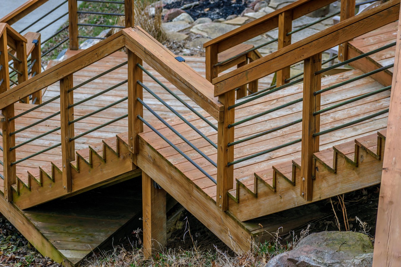 Exterior hardwood staircase with timber balustrade on a Sunshine Coast Queenslander home