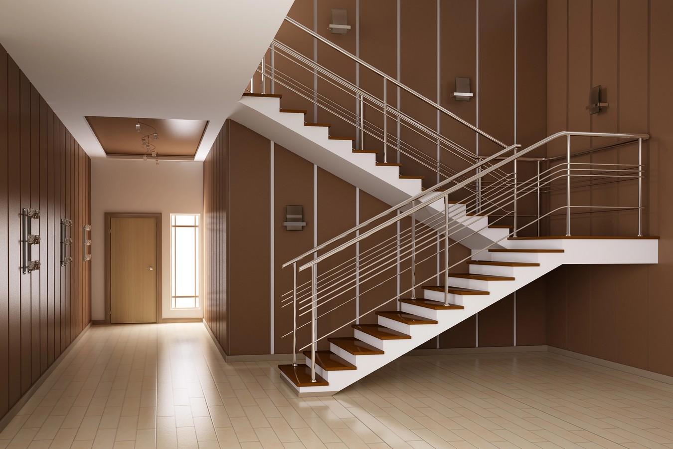 Half-turn U-shaped staircase with timber treads and steel balustrade in a Moreton Bay home